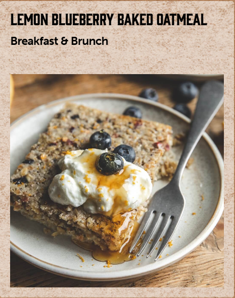 Title: Lemon Blueberry Baked Oatmeal with picture of a square of baked oatmeal whipped cream honey and blueberries and a fork