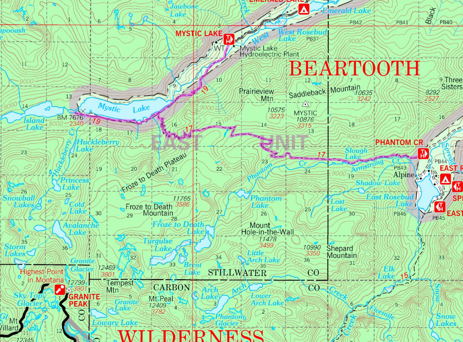 map of Beartooth Mountains with the Phantom Creek trail marked in purple