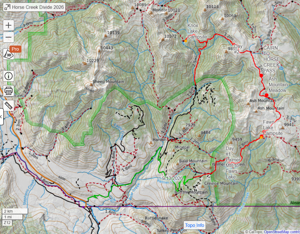 map of Horse Creek Divide with the route in red and each campsite marked with orange dots