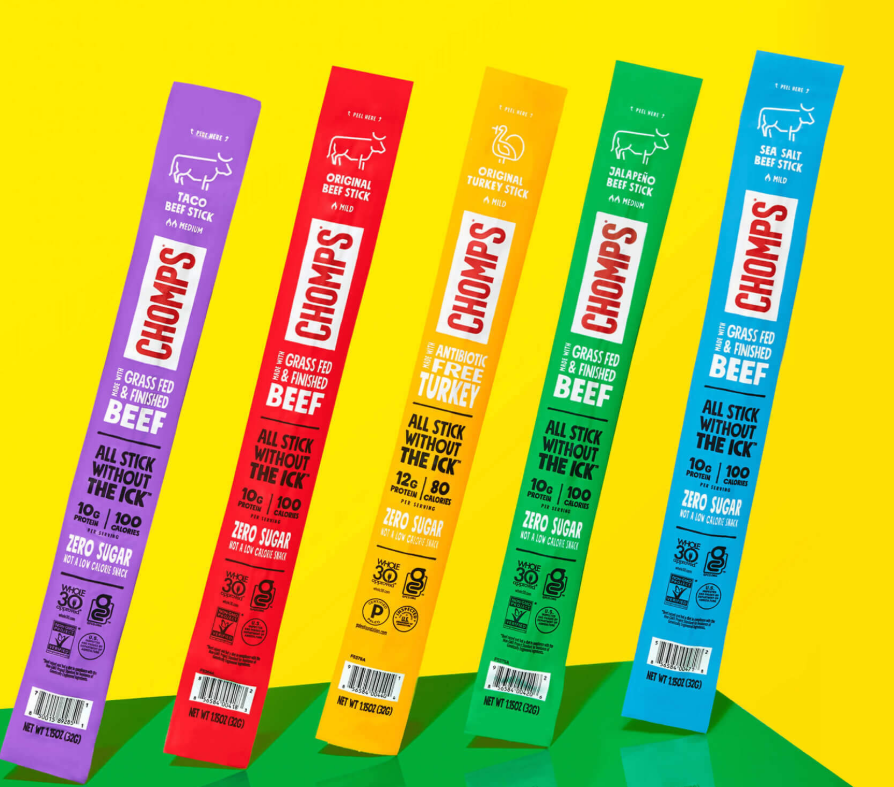 five meat sticks in bright packaging against a bright yellow background