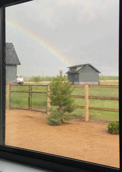 a rainbow captured through a window on a rainy day