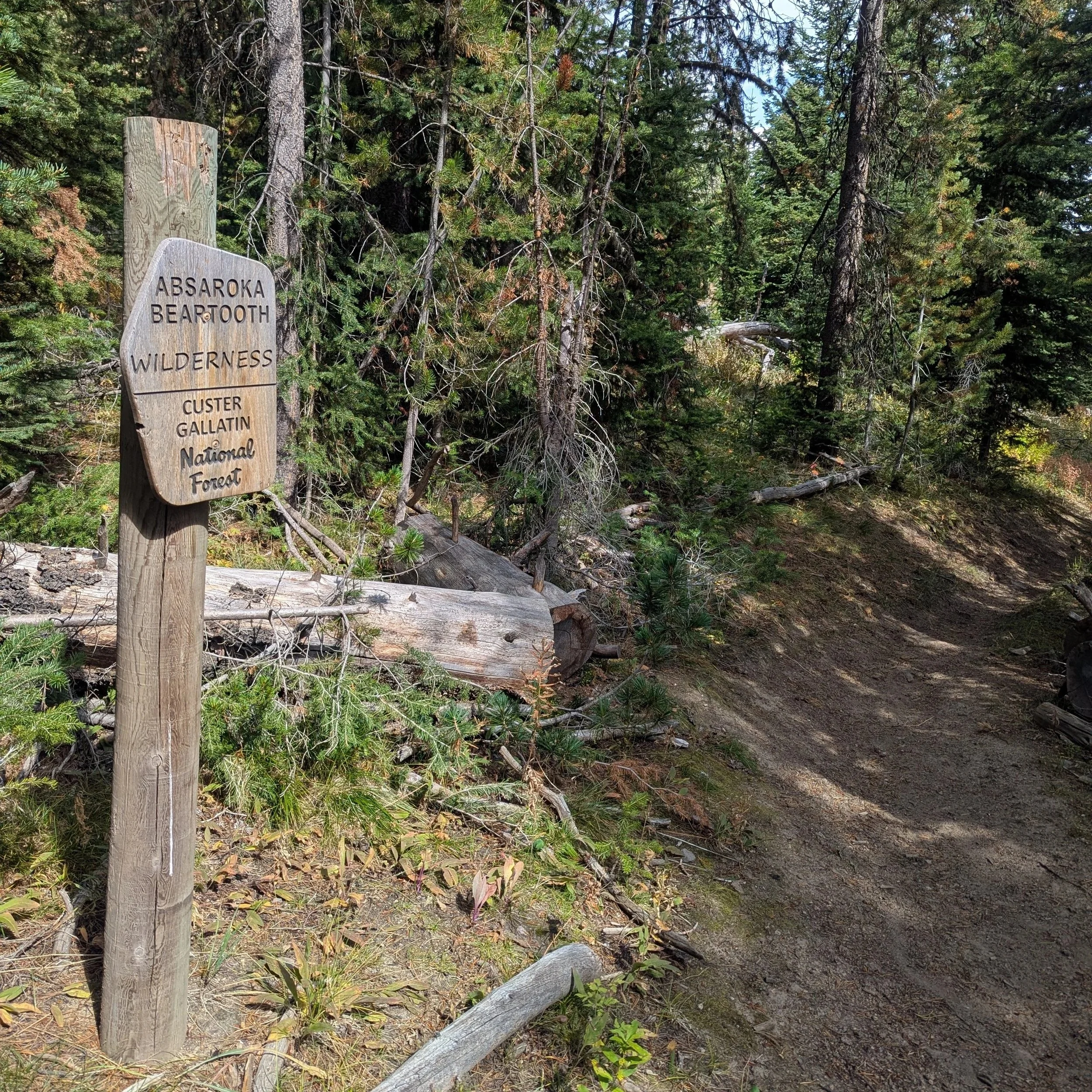 wood sign by trail reads Absaroka Beartooth Wilderness Custer Gallatin National Forest