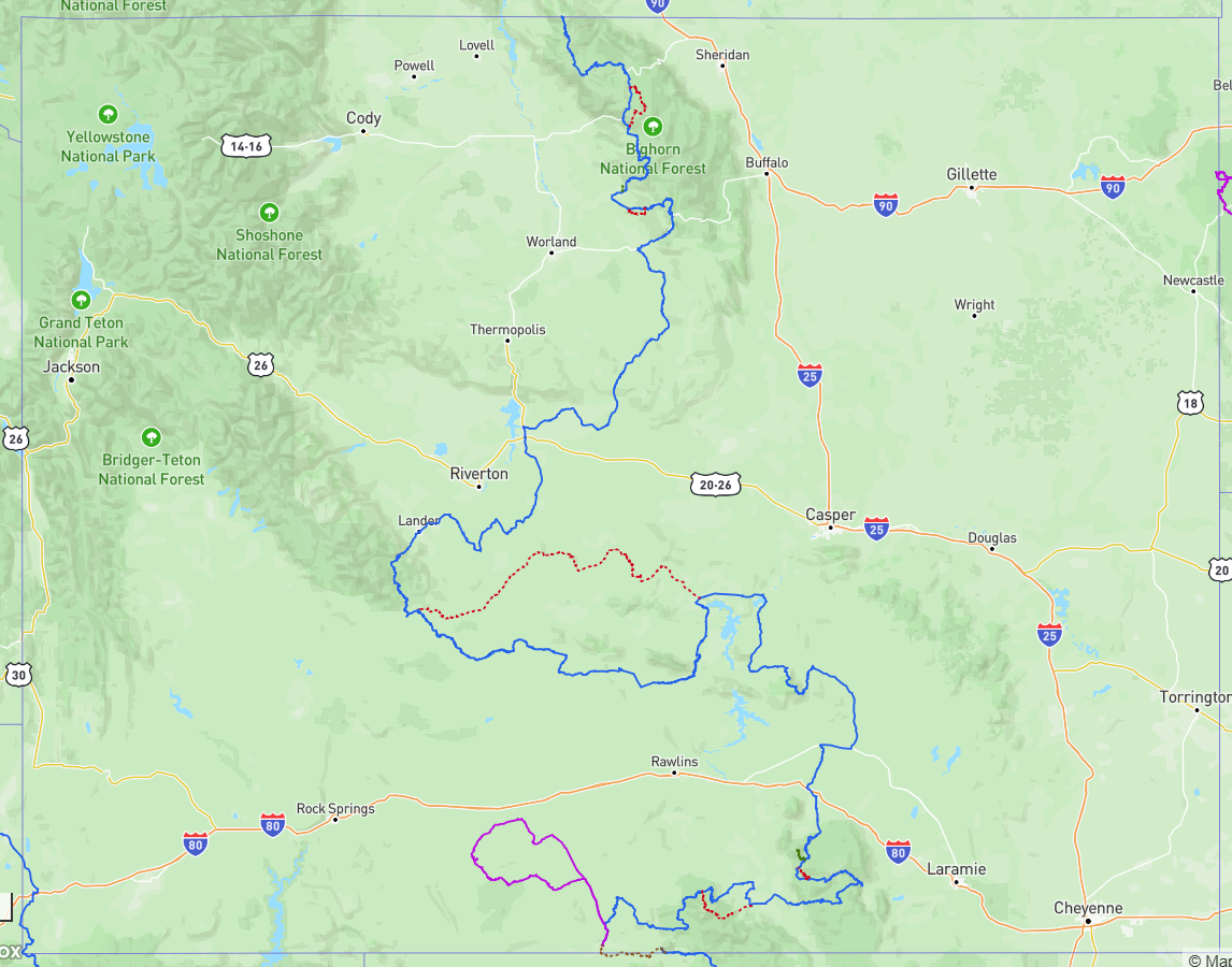 map with Wyoming backcountry discovery route highlighted