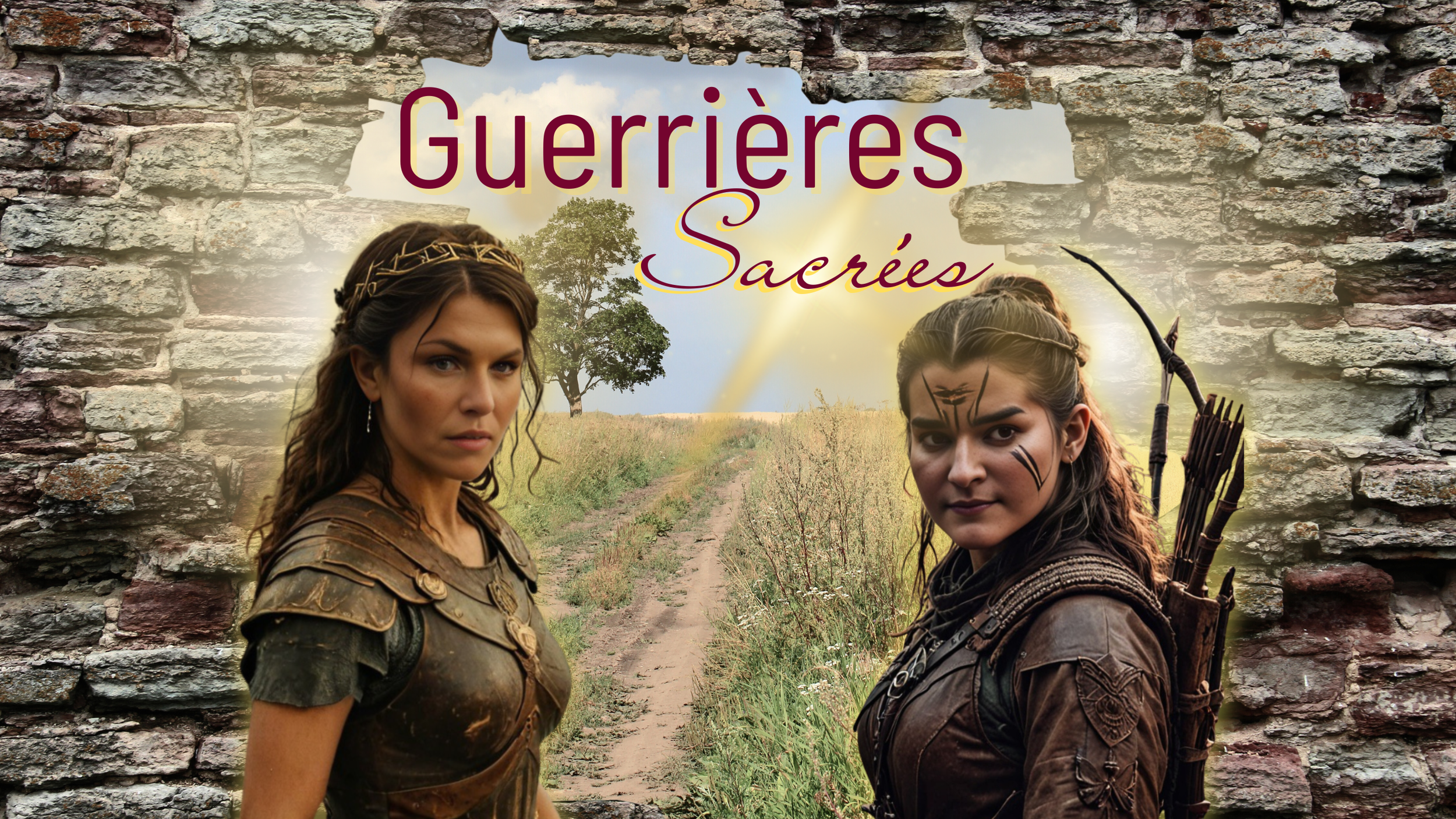 Deux femmes déguisées en guerrières, l'une avec une couronne de branches et l'autre avec des tatouages faciaux, debout devant un mur de pierre avec un paysage de champs et un arbre au coucher du soleil. Le texte "Guerrières Sacrées" est affiché en haut.
