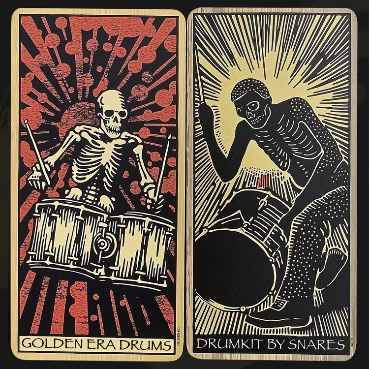 Golden Era Drums Vol I – artwork with two illustrated skeleton drummers