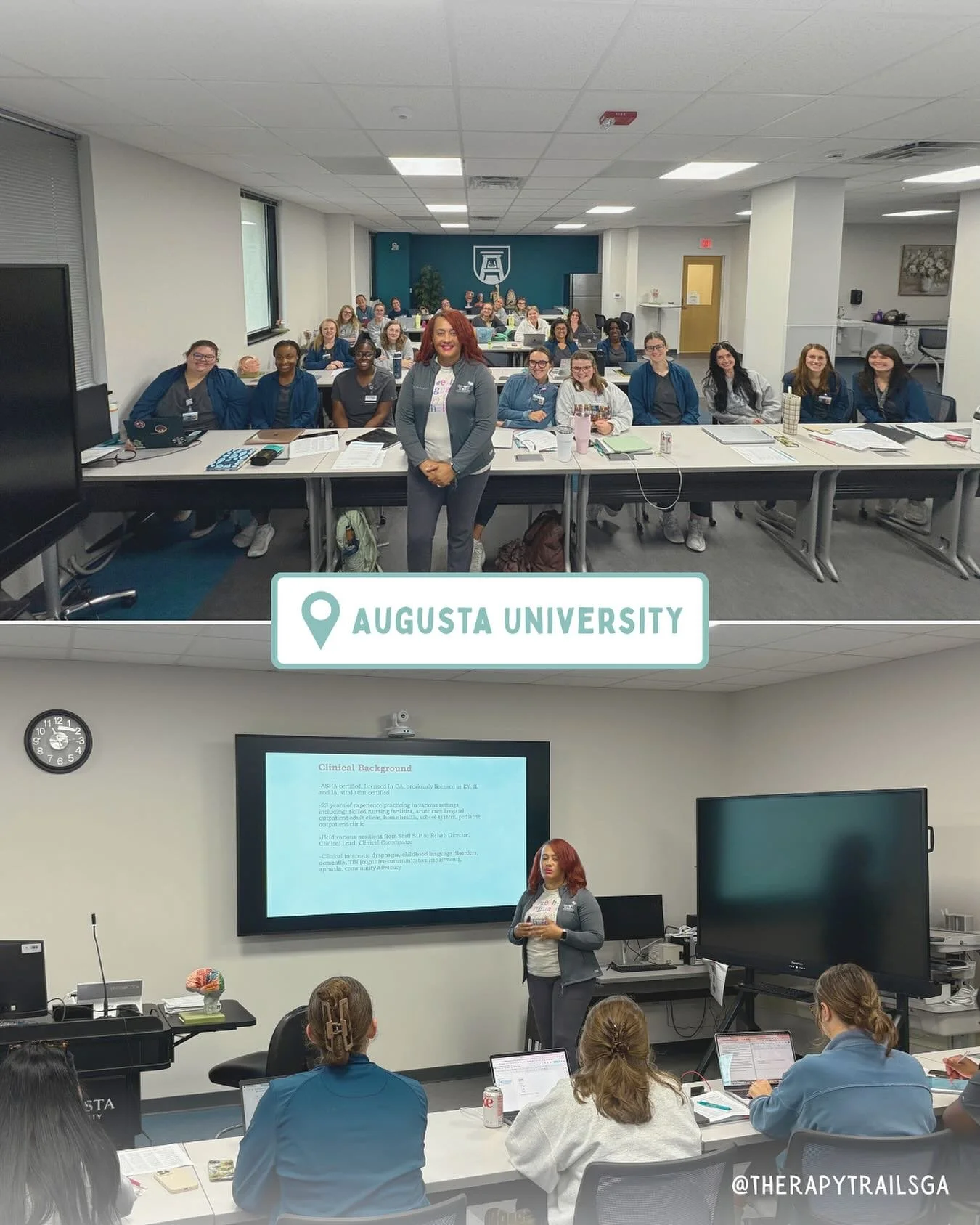 Proud moment! 🙌 Our own Mrs. Cindy represented Therapy Trails by speaking to the very first speech-language pathology class at Augusta University! 🎉👩&zwj;🏫 We can&rsquo;t wait to see the impact these future SLPs will make. Excited to cheer them o