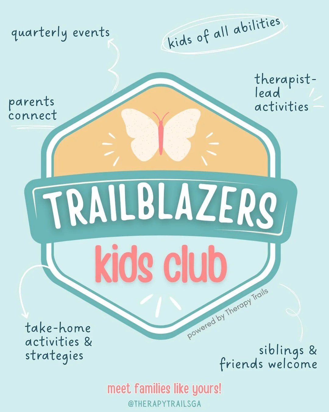 Ready to #FindYourPeople? Meet Trailblazers Kids Club! 🦋 A place where kids can explore, create, and move while parents connect and share. Each event brings families together for sensory-friendly activities, group games, and a simple take-home proje