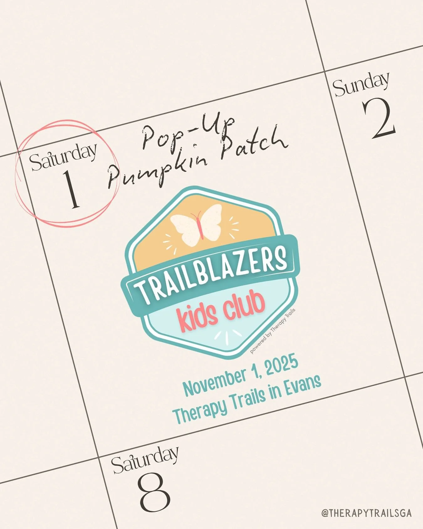 Next Saturday is the day! Come #FindYourPeople at our Pumpkin Patch Trailblazers event! 🎃 
Free, Fun, and Family Friendly&hellip; what more could you ask for?? 

➡️ Pre-register at the link in our bio! 🔗

Augusta | Business | Pediatric Therapy | Sp