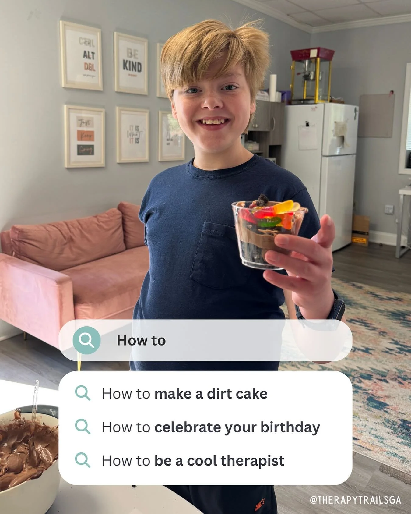 Of all the ways to celebrate your birthday, making (and sharing!) dirt cake may be our new favorite! 🍰🪱 We love any reason to celebrate around here! (But can you blame us??) 
#HappyBirthday #Friyay

Augusta | Business | Pediatric Therapy | Speech T