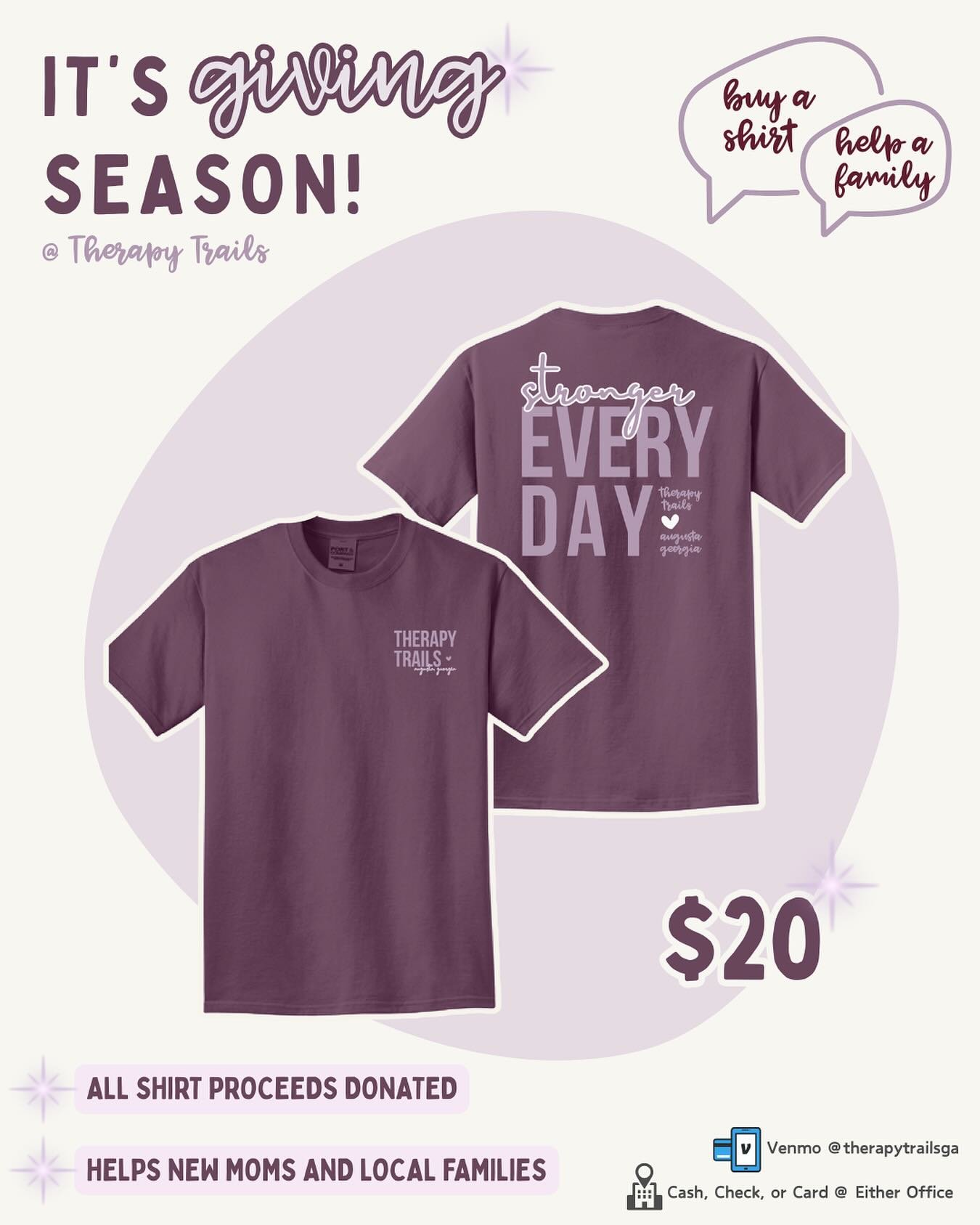 This season, we&rsquo;re spreading joy by giving back! 💜🎁 Therapy Trails is supporting the Hope Women&rsquo;s Center with a donation to help provide diapers, wipes, baby supplies, and Christmas gifts for new moms and local families.
👕 Shirts are $