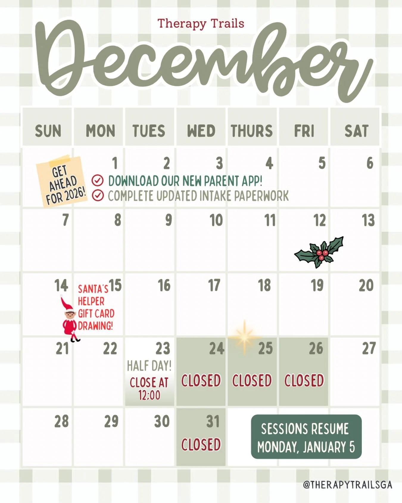 🎄Merry December!🎄 It&rsquo;s our favorite time of year, and we would love to share the season with you! Take note of our holiday schedule, and let us know if need to reschedule amid the holiday hustle and bustle. ✨
#December #Christmas 

Augusta | 