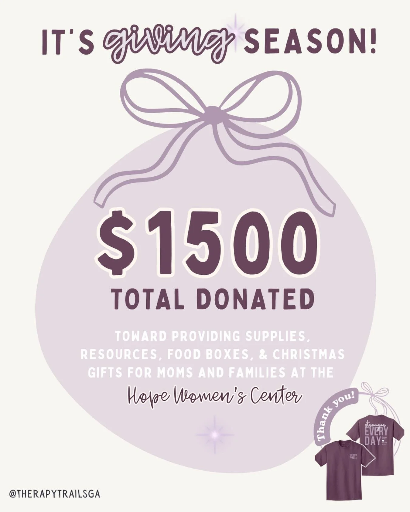 There&rsquo;s something about #GivingTuesday that just warms the heart. 💜 Thank you to everyone for buying a super cute shirt to help support local moms and kids through the Hope Women&rsquo;s Center (@hopecsra). We donated a total of $1500, which w