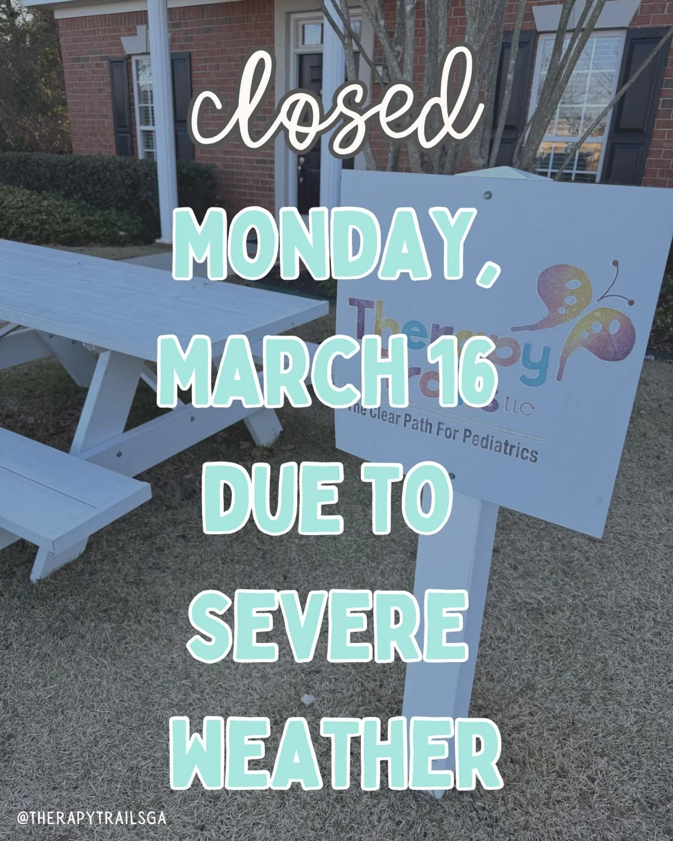 🌪️Monday, March 16: All in-office visits will be rescheduled. Stay Safe!! 
#Weather 
 
Augusta | Business | Pediatric Therapy | Speech Therapy | Occupational Therapy | Physical Therapy | Georgia | Therapy Trails