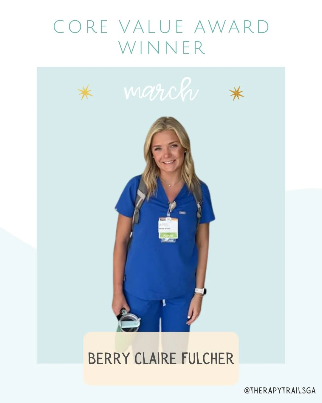 Help us congratulate our March Core Value Winner, Mrs. Berry Claire! ☀️ She is pure sunshine, and we are thankful for the brightness and positivity she brings! Congrats Berry! 🎉
#Winner 

Augusta | Business | Pediatric Therapy | Speech Therapy | Occ