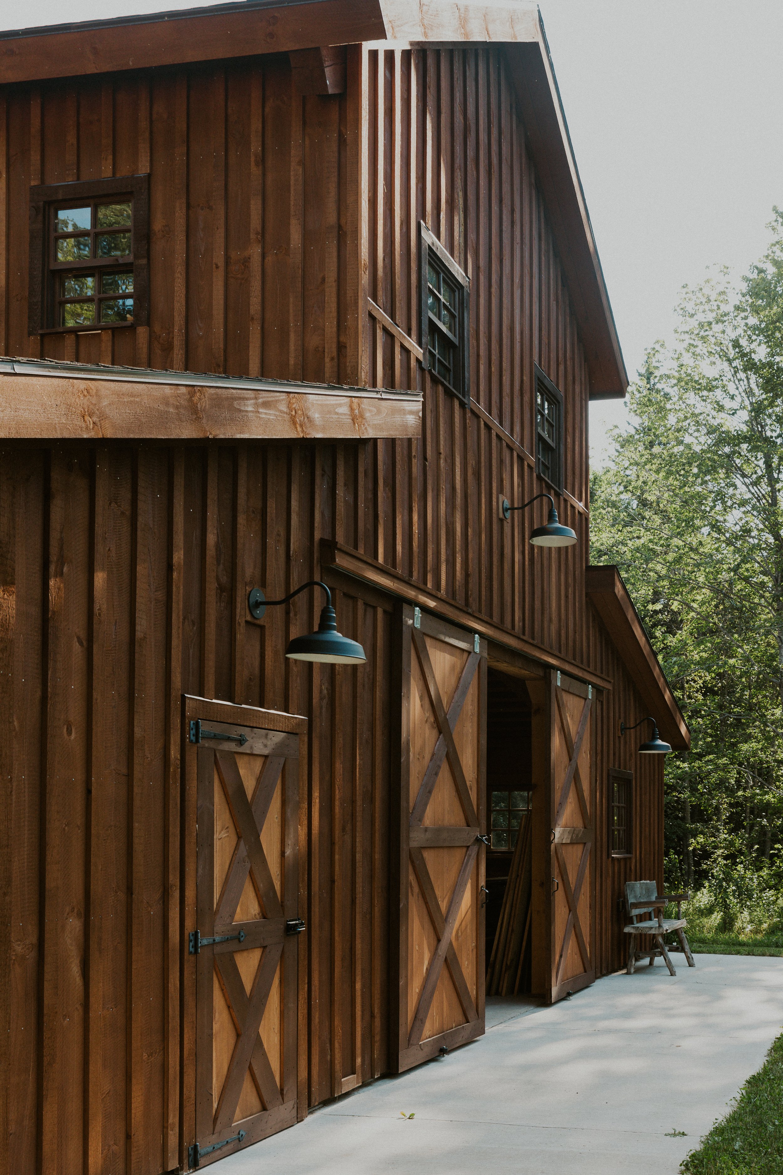 large barn build with exterior lights