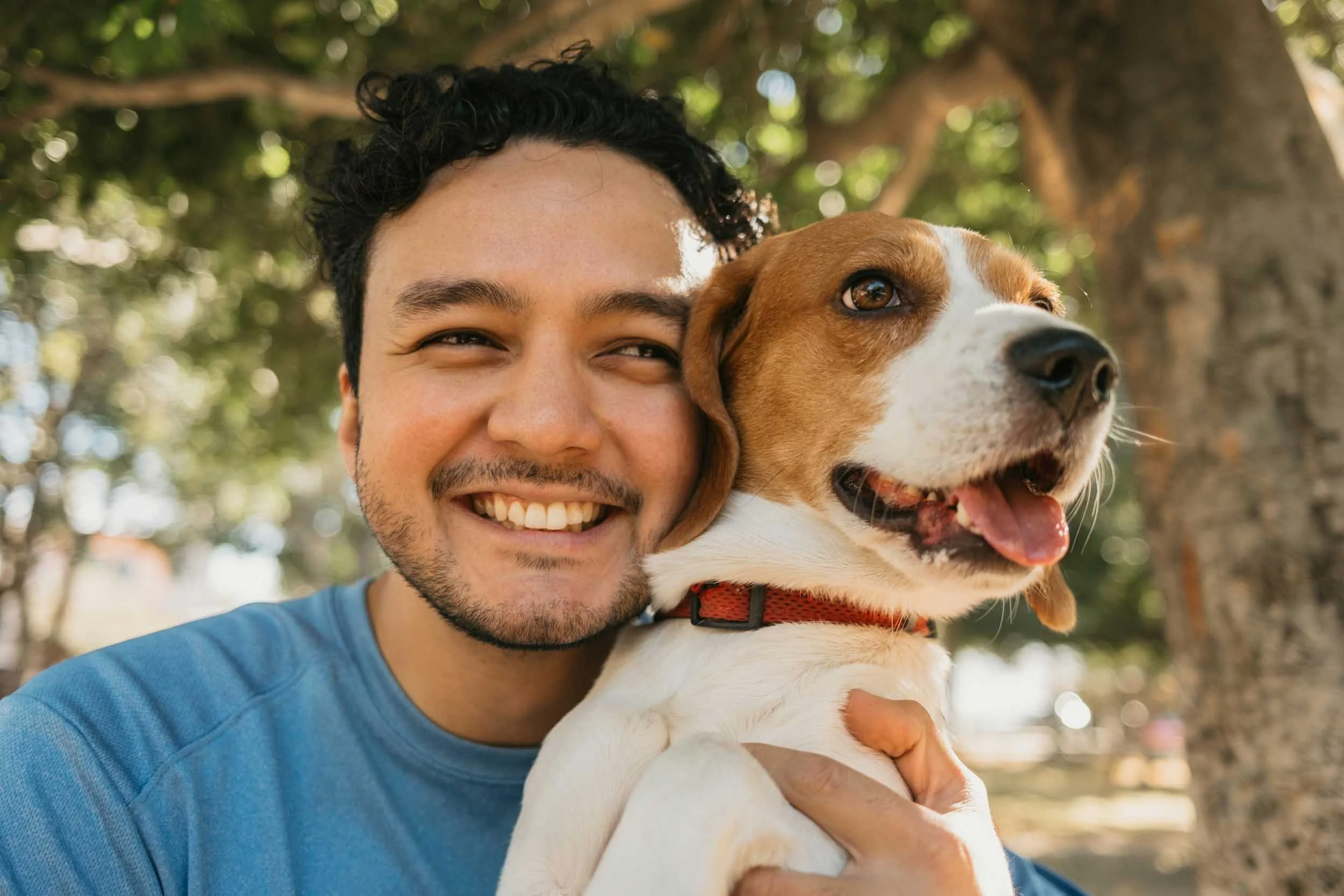 A smiling man holding a beagle dog outdoors with trees and sunlight in the background.