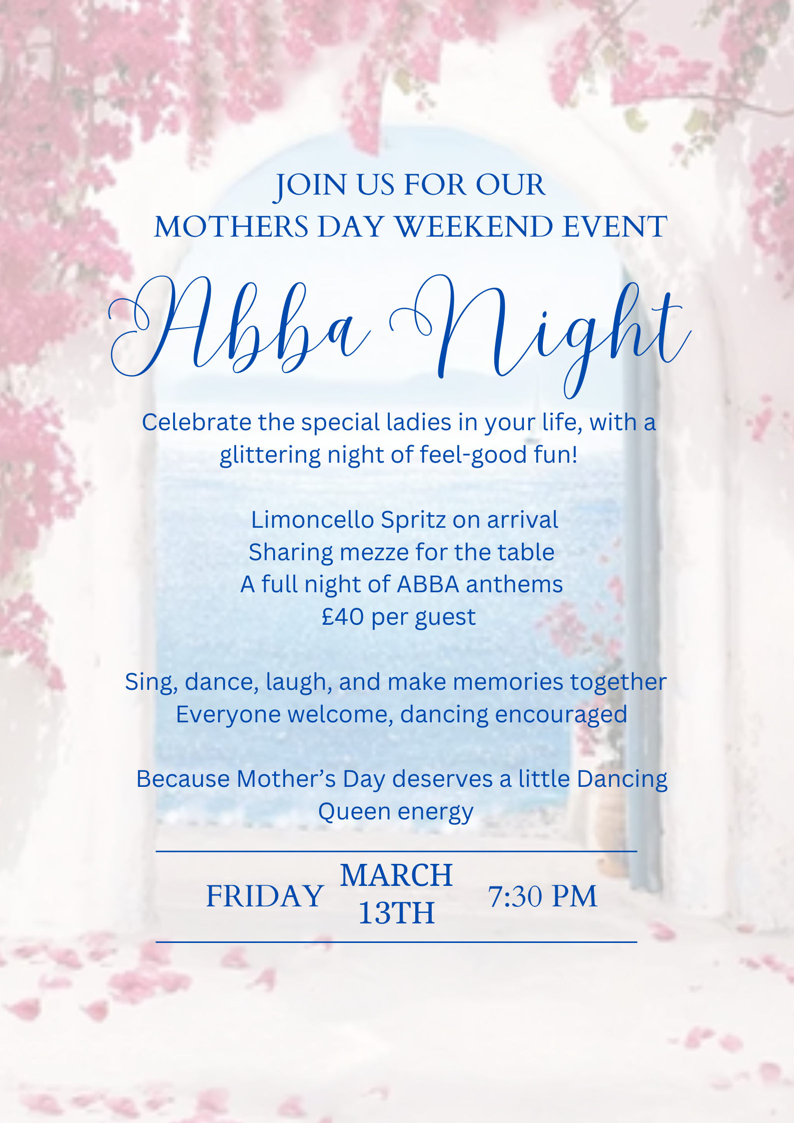 Mother’s Day Weekend Event ABBA Tribute and Mezze