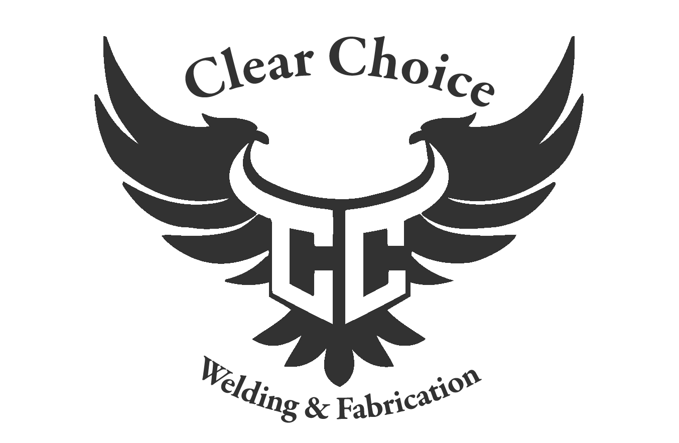 A company logo for Clear Choice Welding & Fabrication with an illustration of a welder in the center.