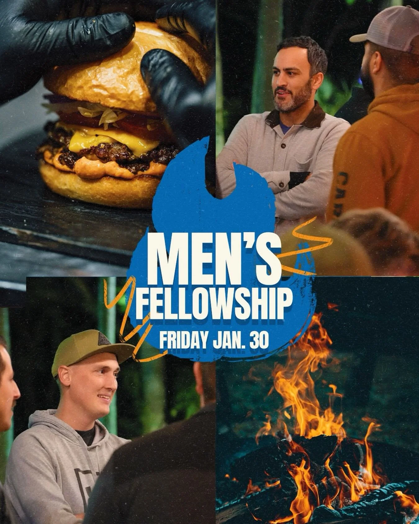 Men, come hang out with us for a great smash burger dinner and some real conversation with other guys from our church. We&rsquo;ll be gathering around the fire pit outside the Student Building (just across the street from the church) for an evening t