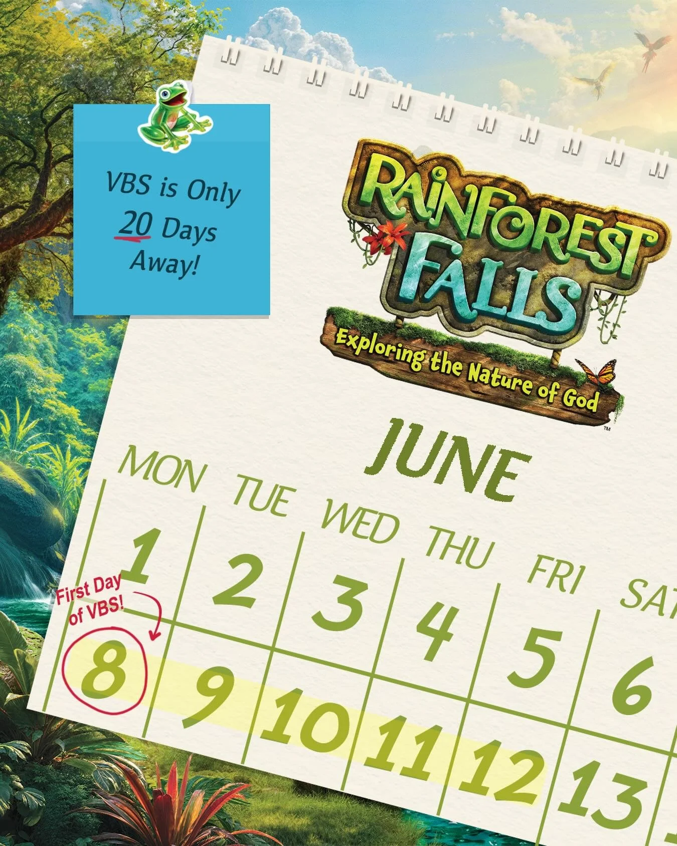 🌿🐒 VBS is 20 Days Away! 🌴🐾

The countdown is ON, and we can&rsquo;t wait for an unforgettable week at Vacation Bible School, June 8&ndash;12! 

Our church will transforming into a vibrant RAINFOREST where kids will spend the week exploring the na