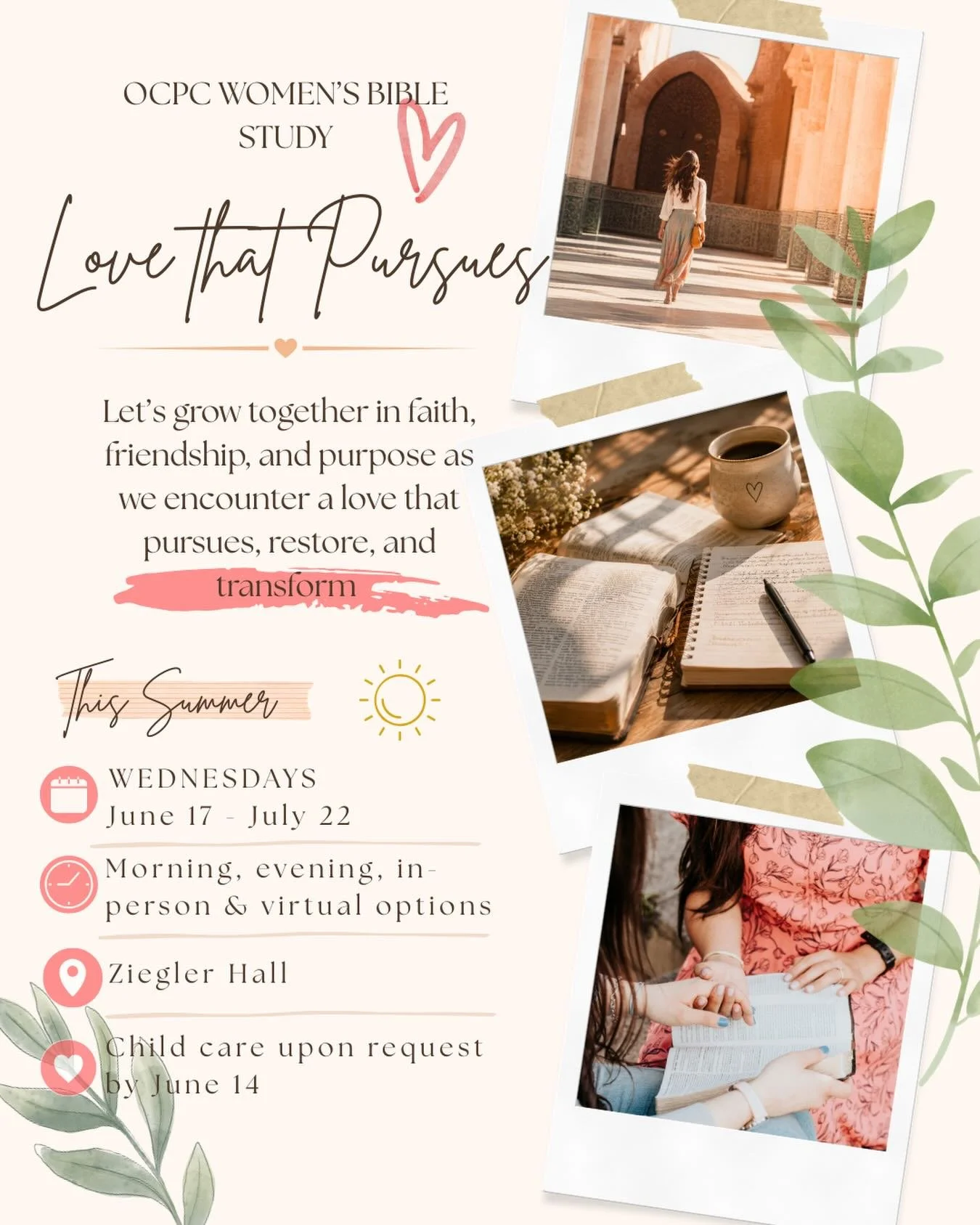 ✨ You are invited to something deeper this summer.

Come experience a love that pursues, restores, and transforms. 💛

Join us for our Women&rsquo;s Summer Bible Study as we grow together in faith, friendship, and purpose.

&ldquo;Love That Pursues&r
