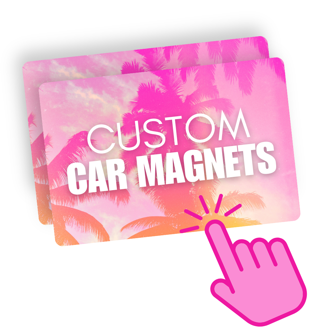Pink cards with palm tree silhouettes advertising customizable car magnets, with a pink hand cursor indicating selection.