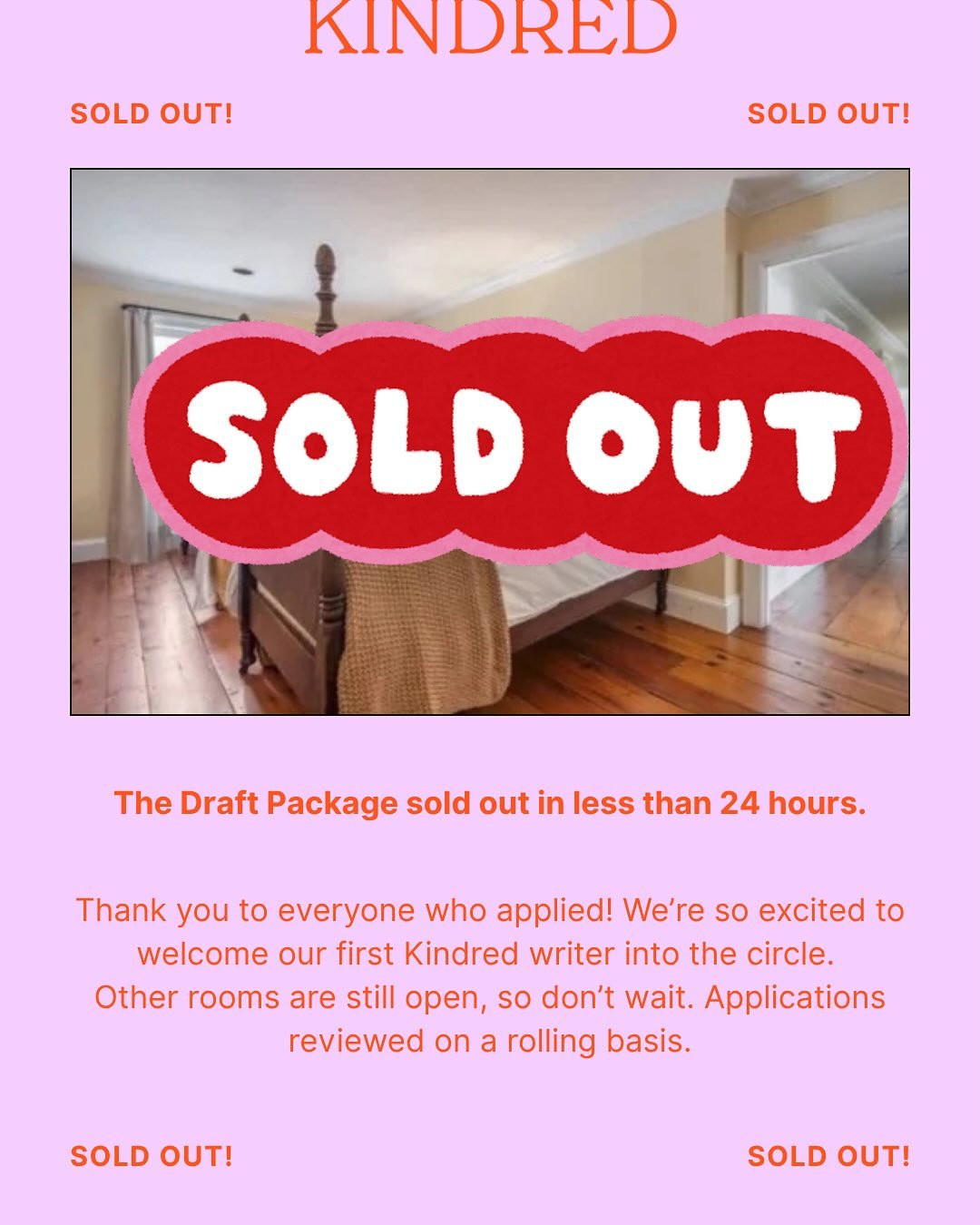 ✨ SOLD OUT in less than 24 hours! ✨

Our first Kindred room &mdash; The Draft Package &mdash; has officially been snapped up. We&rsquo;re beyond grateful for the incredible enthusiasm for this new creative journey. Thank you to everyone who&rsquo;s a