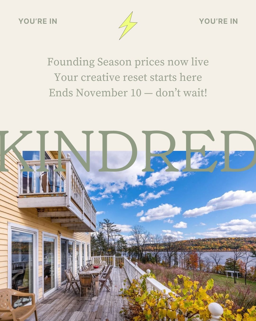 ✨Founding Season prices for Kindred are now live! 💸Your creative reset starts here ☺️

✍️Five incredible writers have already joined us, and a few spots remain.

❤️Packages are all-inclusive &mdash; coaching, retreat, chef-prepared meals, and wine.
