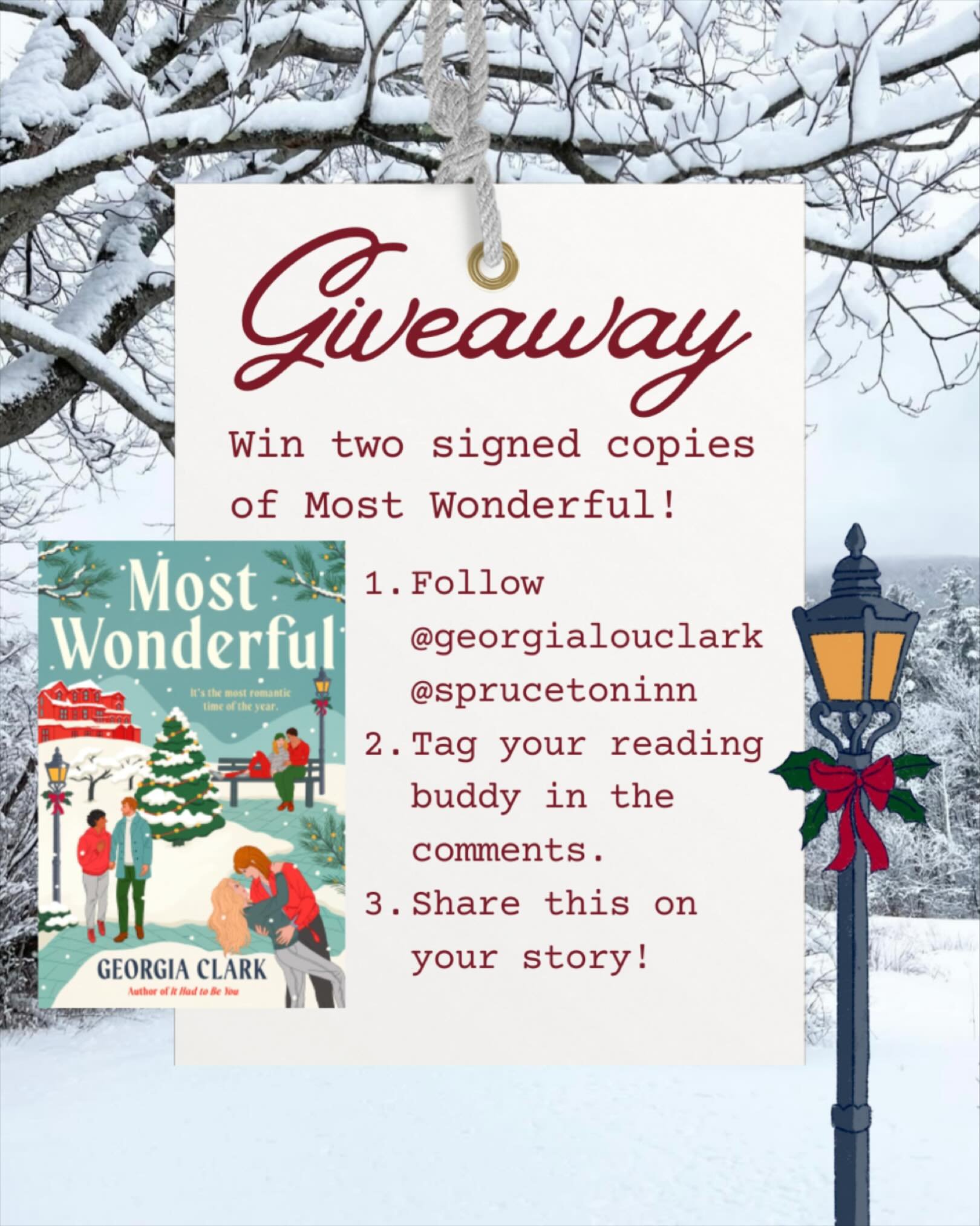 ✨GIVEAWAY! Enter to win TWO signed, personalized copies of MOST WONDERFUL, my sweet &rsquo;n&rsquo; sexy queer Christmas rom-com, in partnership with Spruceton Inn.

To enter:

Follow @georgialouclark + @sprucetoninn

Tag your reading buddy in the co