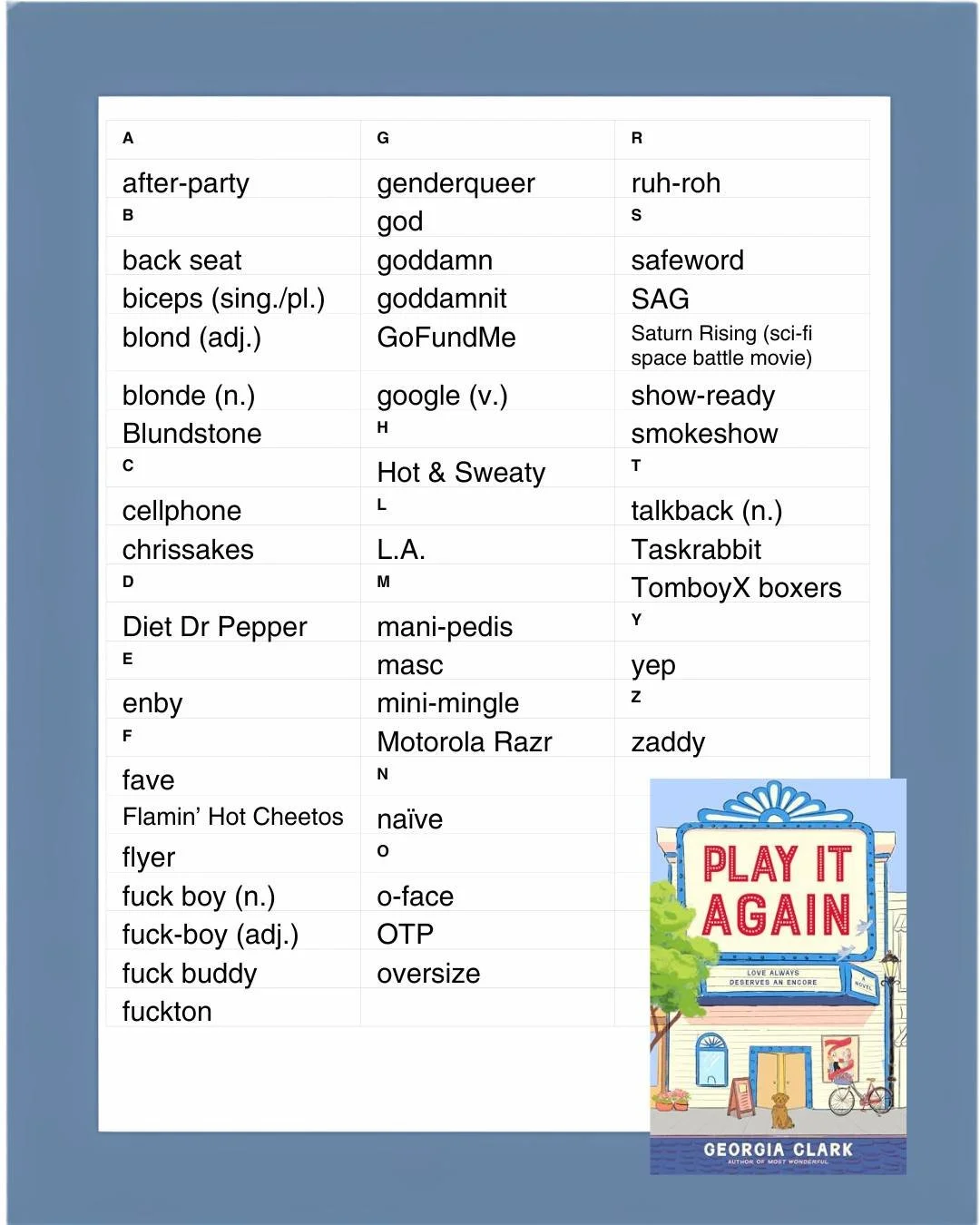 The first word you see is your vibe for 2026. What&rsquo;s yours?

A lil' taste of Play It Again via my copyeditor&rsquo;s list of non-standard words. TomboyX boxers, Flamin&rsquo; Hot Cheetos, Blundstones, a zaddy and more coming atcha June 16th! Pr