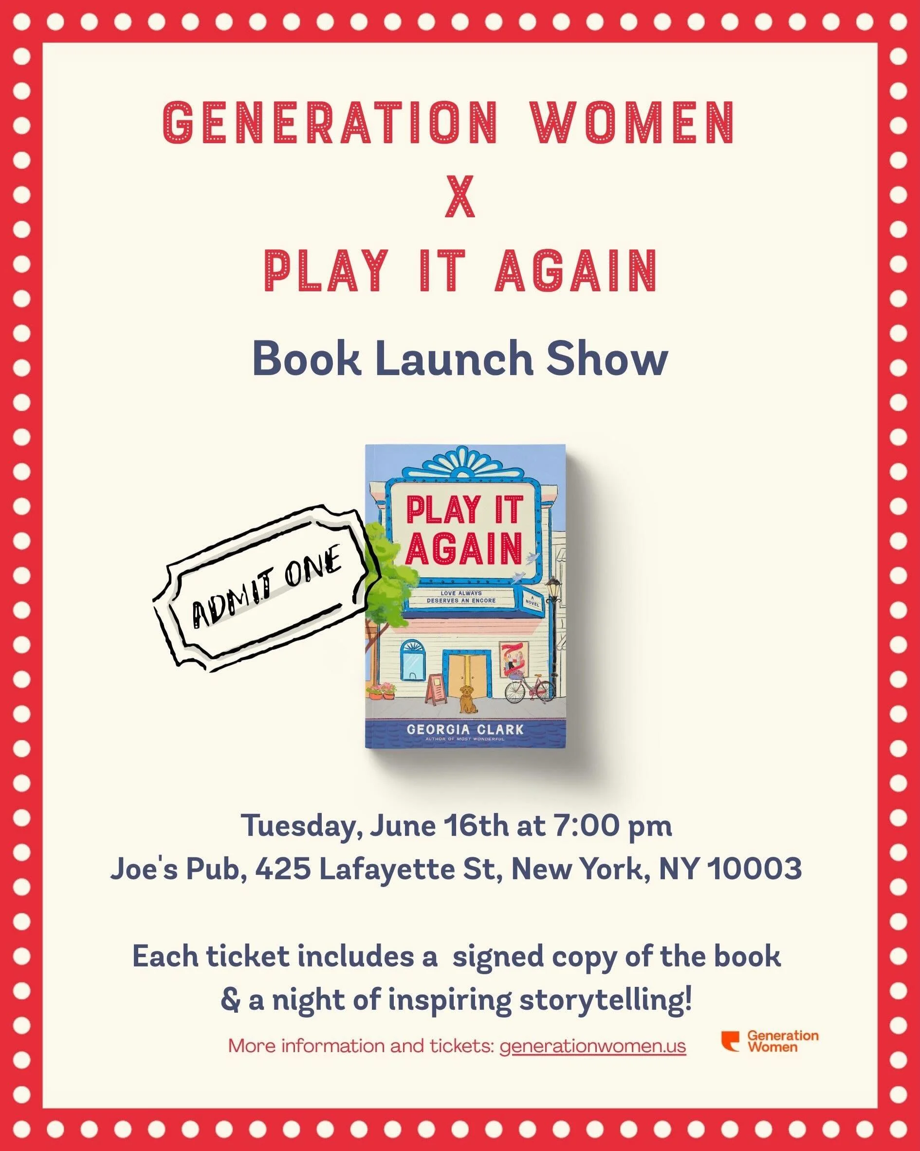 💥It&rsquo;s a book launch AND a storytelling show!💥

Celebrate Play It Again with me, @generation_women, and @thedialpress at @joespub on Tuesday, June 16th (pub day!).🍾

Each ticket includes a signed copy of the book and a full show starring a mu