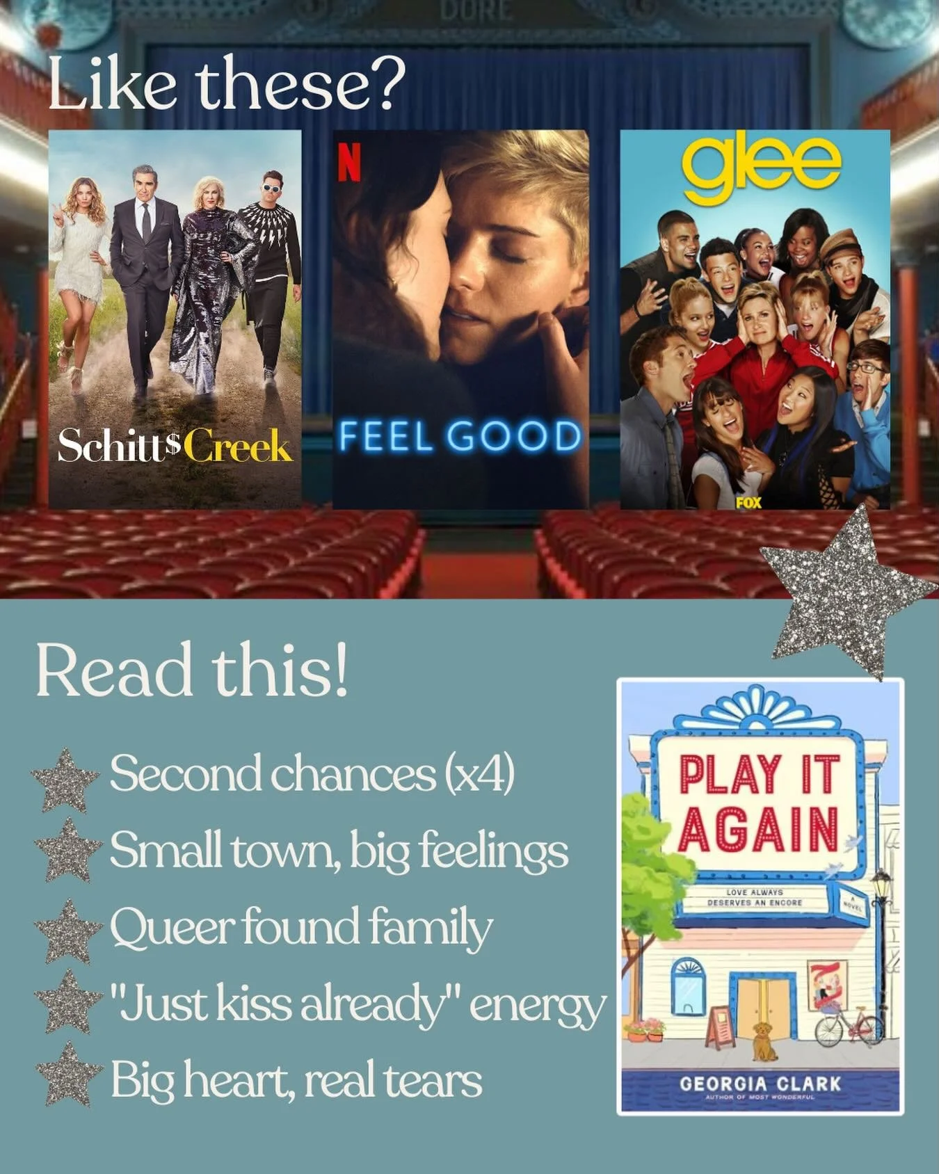 📣Where my @schittscreek fans at? @feelgoodnetflix? @gleeofficial? Your next comfort read is out in JUST ONE WEEK!! 

PLAY IT AGAIN playbook:

🏳️&zwj;🌈 = ✅
🎭 = ✅
👩&zwj;❤️&zwj;👩 = ✅
🥵 = ✅✅✅