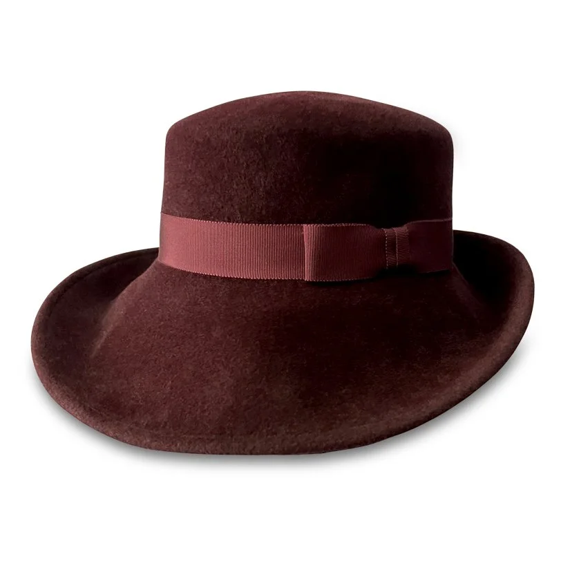 Mrs. Peel in Bordeaux color with matching ribbon, side view with brim turned up. Shown in 100% rabbit velour felt.