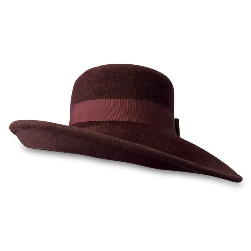 Mrs. Peel in Bordeaux color with matching ribbon, front view with left side brim flipped up. Shown in 100% rabbit velour felt.