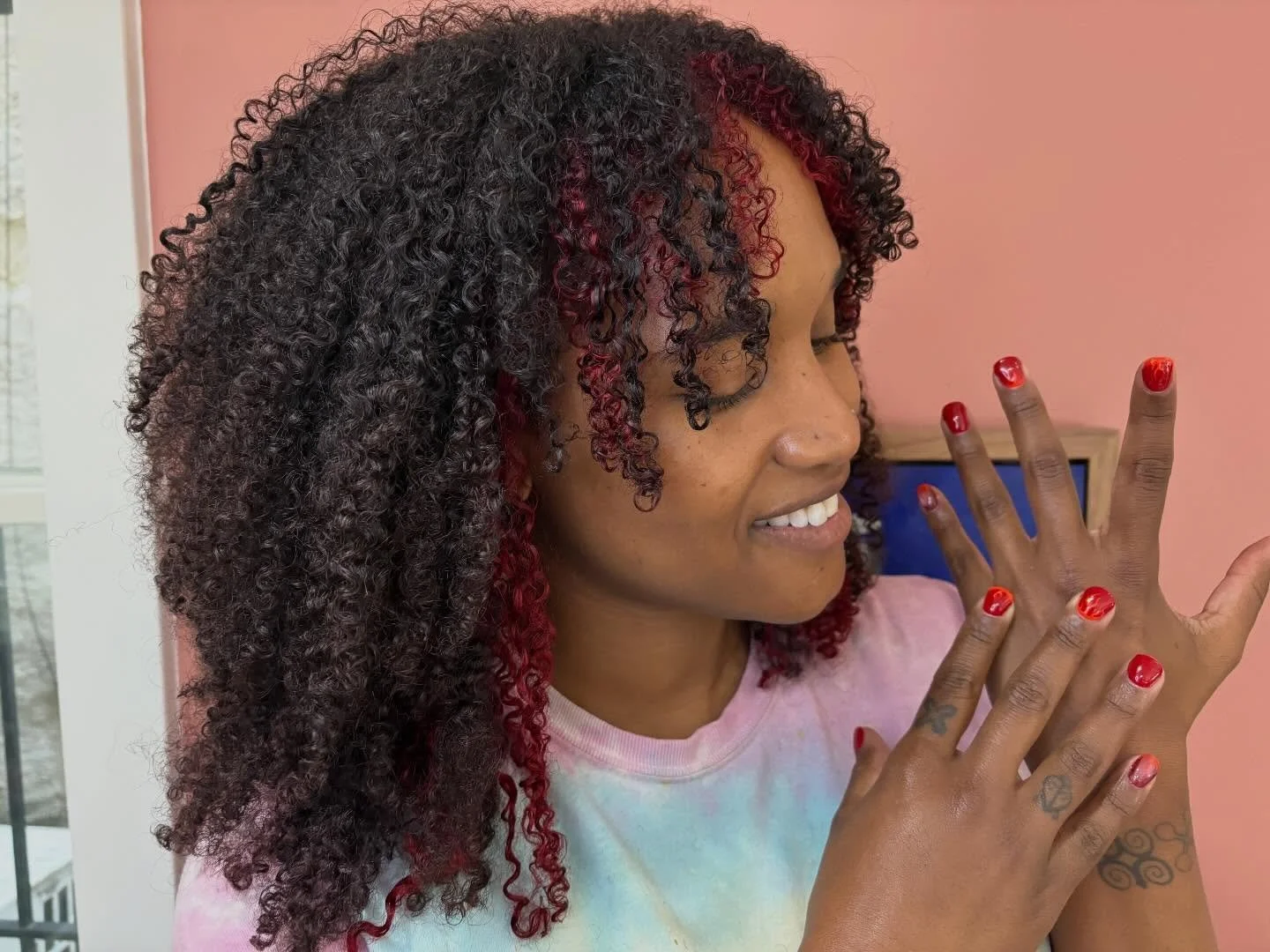 Birthday Collab of the Century! 💅💈🔥 A fantastic new cut and color by @cutecoloredcurls and new firey nails from @littlejesternails made for the PERFECT self care birthday!! Whenever you're ready for your next Me Day&trade;️... you know who to call