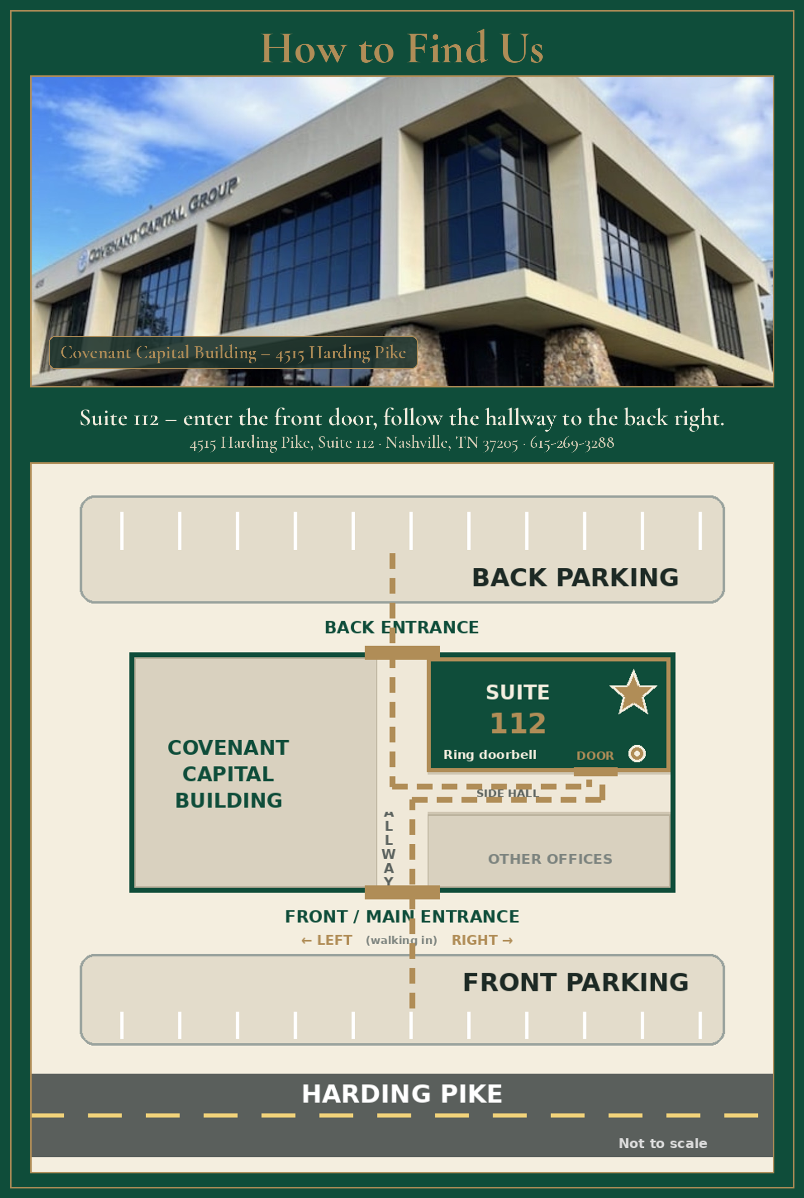 How to find Belle Meade Jewelry: Covenant Capital Building, 4515 Harding Pike, Suite 112 at the back right of the hallway