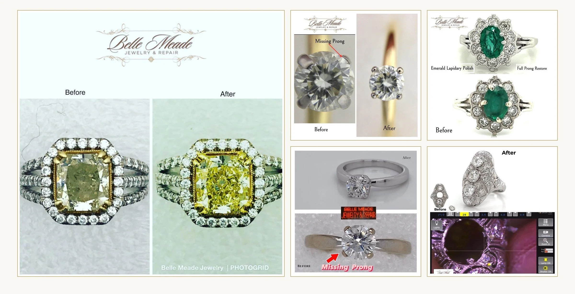 Before and after jewelry restorations at Belle Meade Jewelry & Repair, Nashville: yellow diamond halo, prong rebuilding, emerald halo restoration and antique platinum filigree ring
