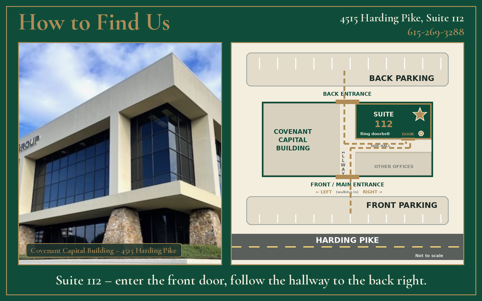 How to find Belle Meade Jewelry: Covenant Capital Building, 4515 Harding Pike, Suite 112 at the back right of the hallway.
