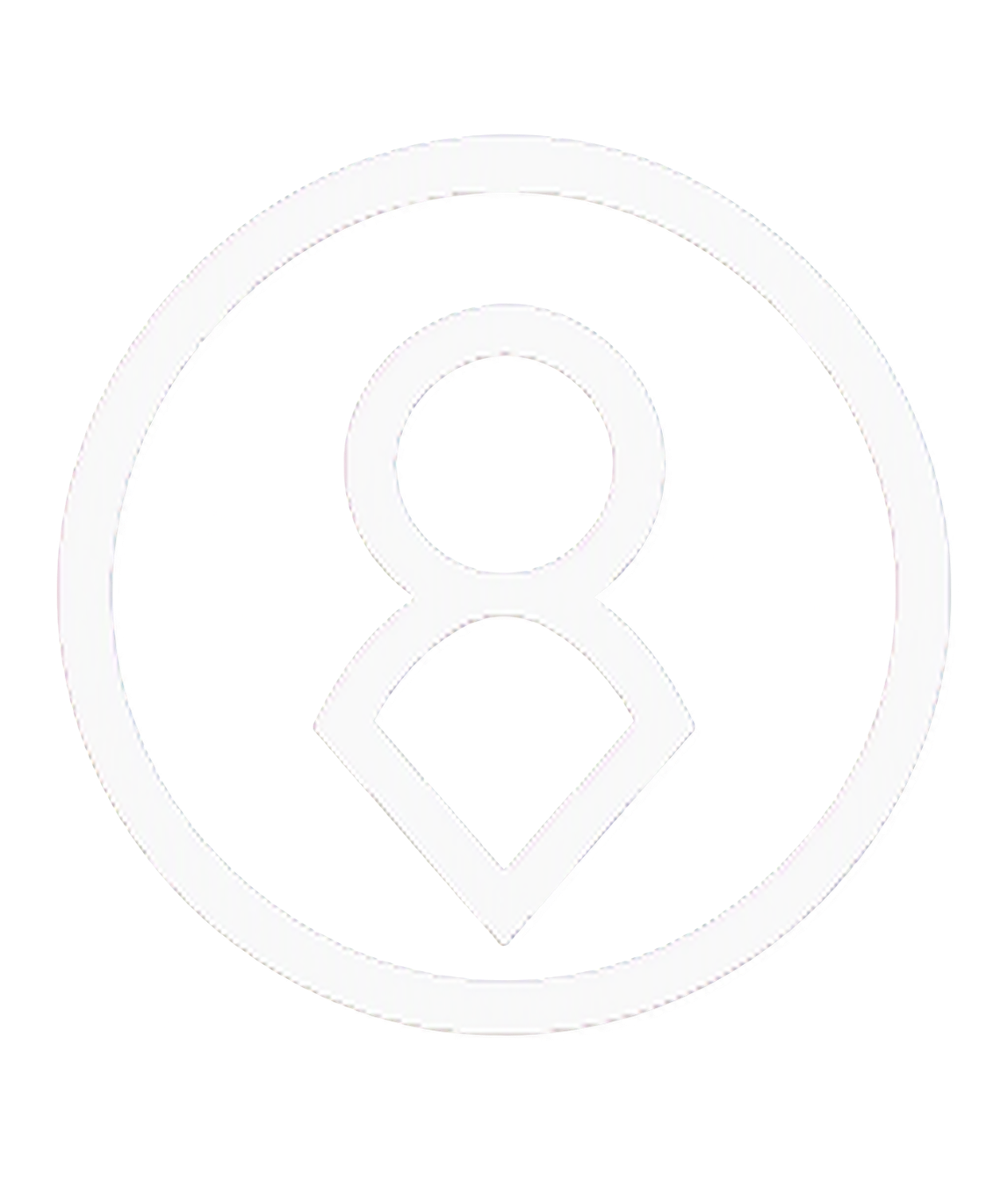 The image features a minimalist, digital-style logo with a circular border, containing a stylized person icon and a location pin symbol. The background is black with colorful glitch effects in yellow, purple, and pink.