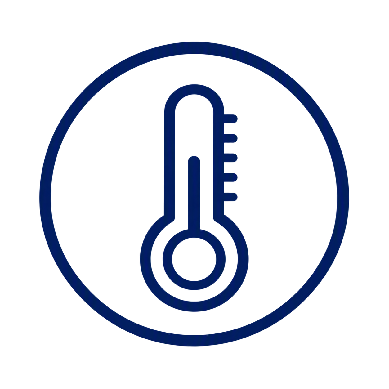 Icon of a thermometer indicating high temperature, enclosed in a blue circle.