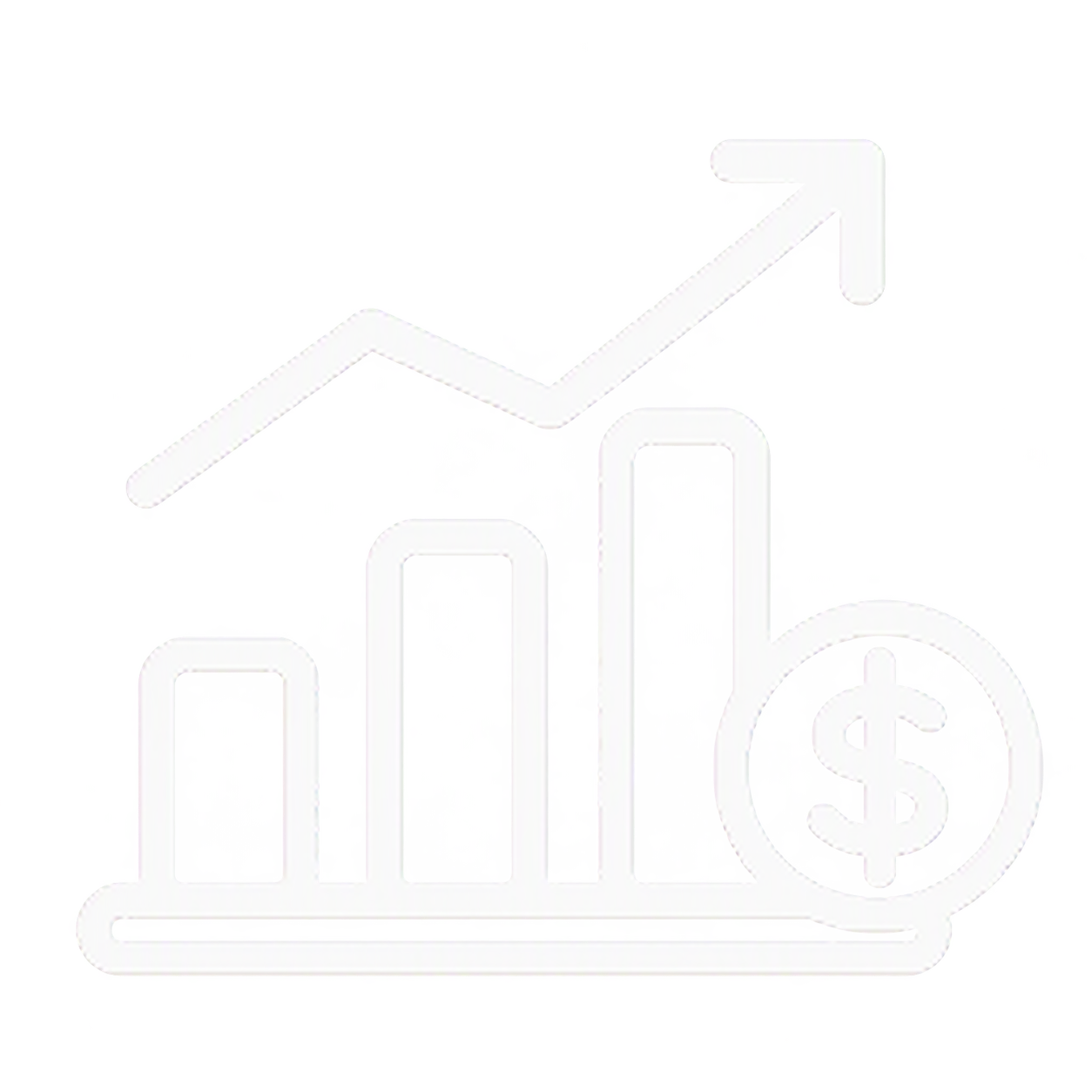 Outline of a bar chart with ascending bars and an upward trending arrow, with a dollar sign at the end.