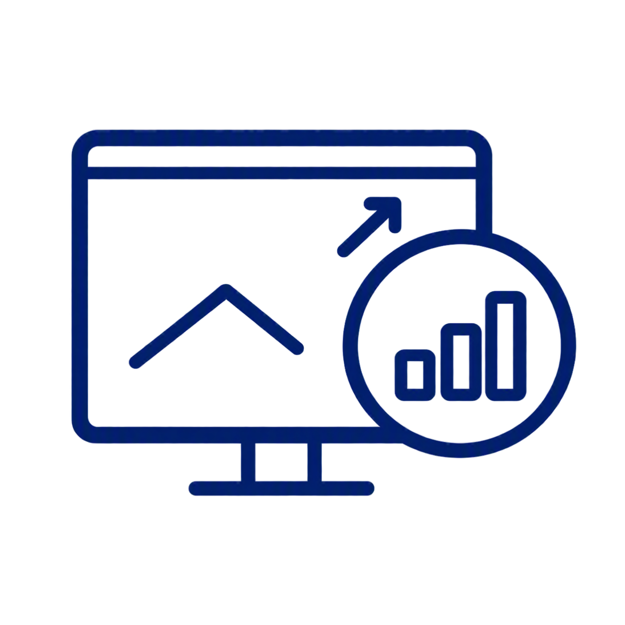 Computer monitor displaying a graph with an upward trend, a mountain landscape, and a bar chart with increasing bars, symbolizing data analysis and growth.