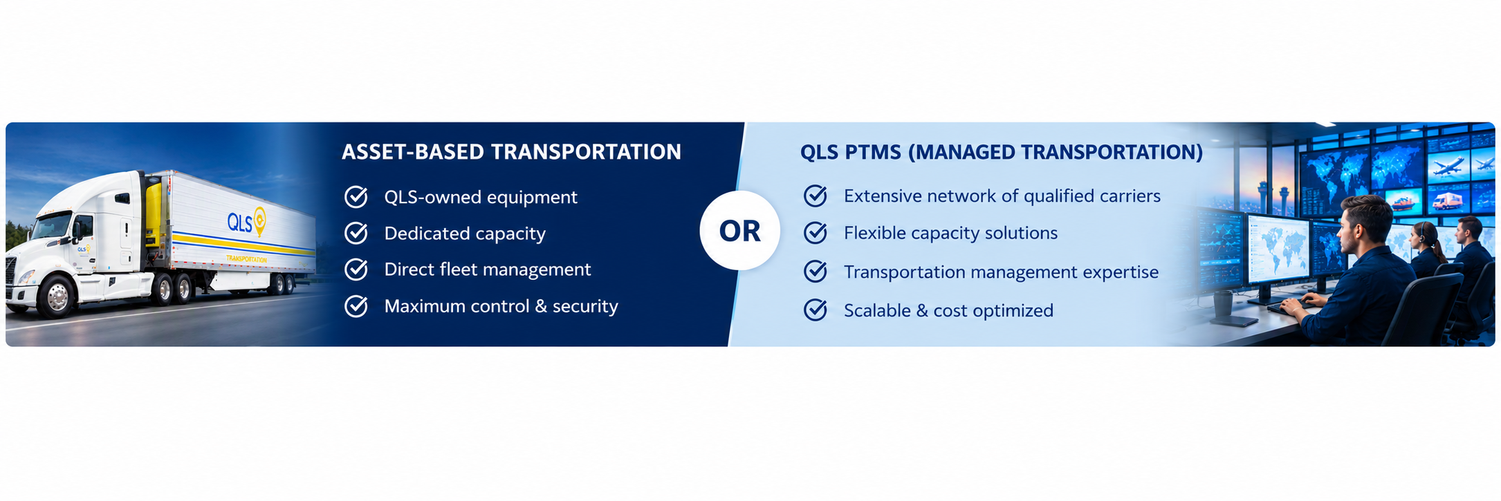 Comparison of asset-based transportation and QLS managed transportation with bullet points on each side and a background of people working at computer screens showing world maps.