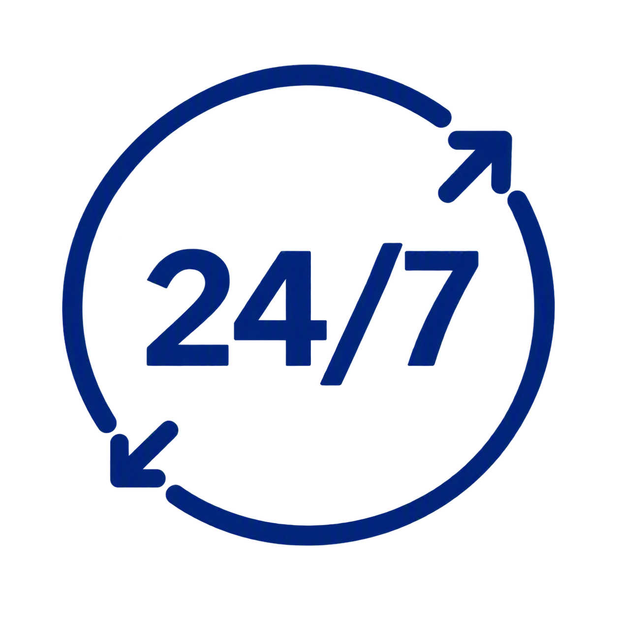 A circular clock icon with the numbers "24/7" in the center, indicating round-the-clock availability.