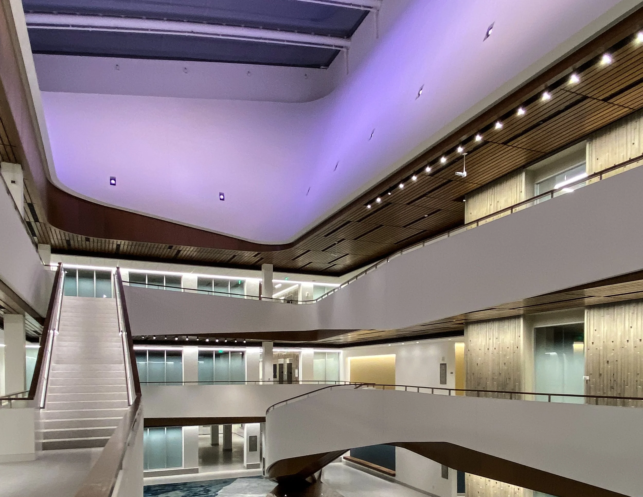 University lab building atrium lighting design with concealed lighting throughout, including grazing light on textured precast concrete walls, uplighting into the skylight well, louvered downlights, and handrail lighting.