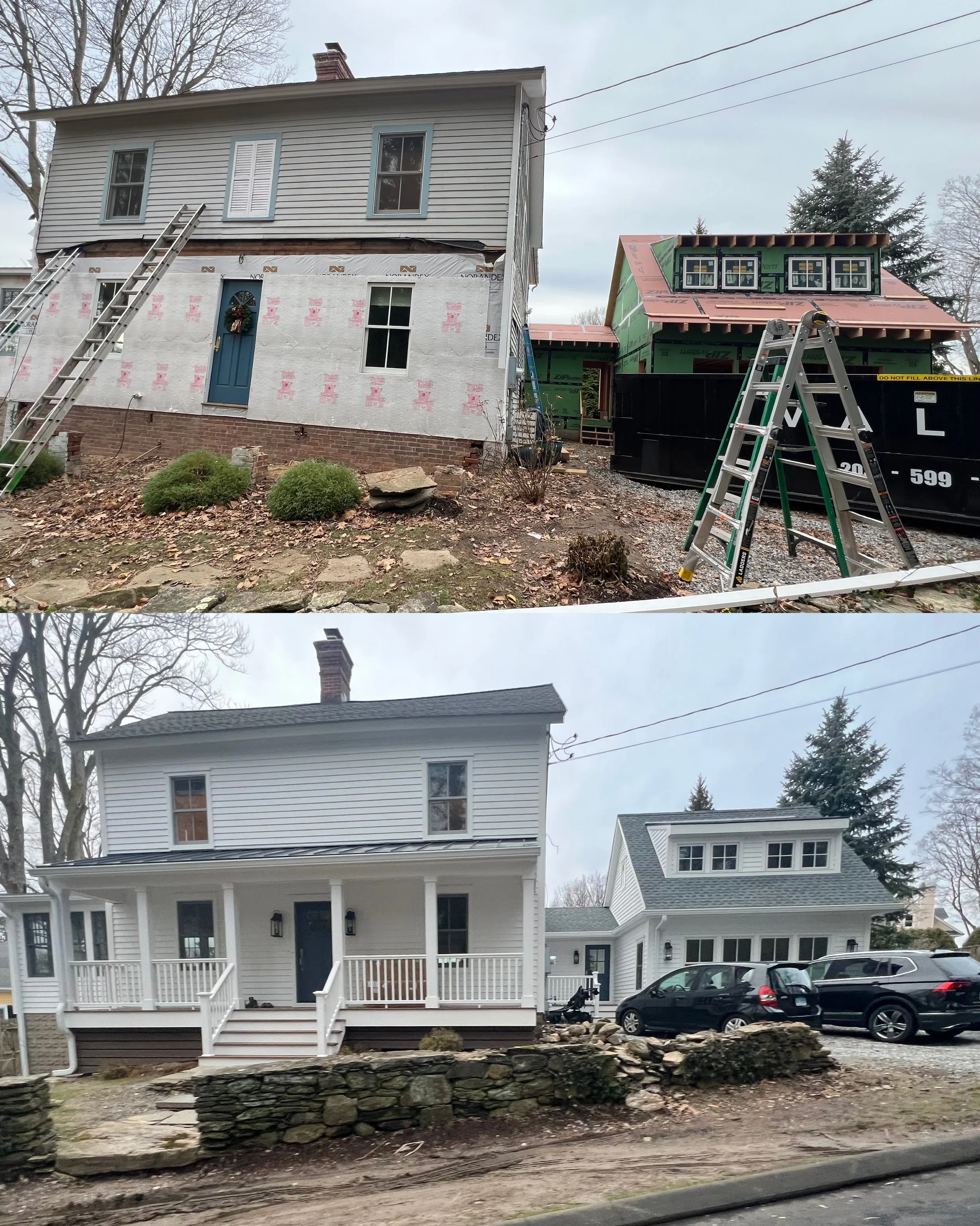 Addition with new kitchen, in-law suite, kitchenette, deck, and front porch