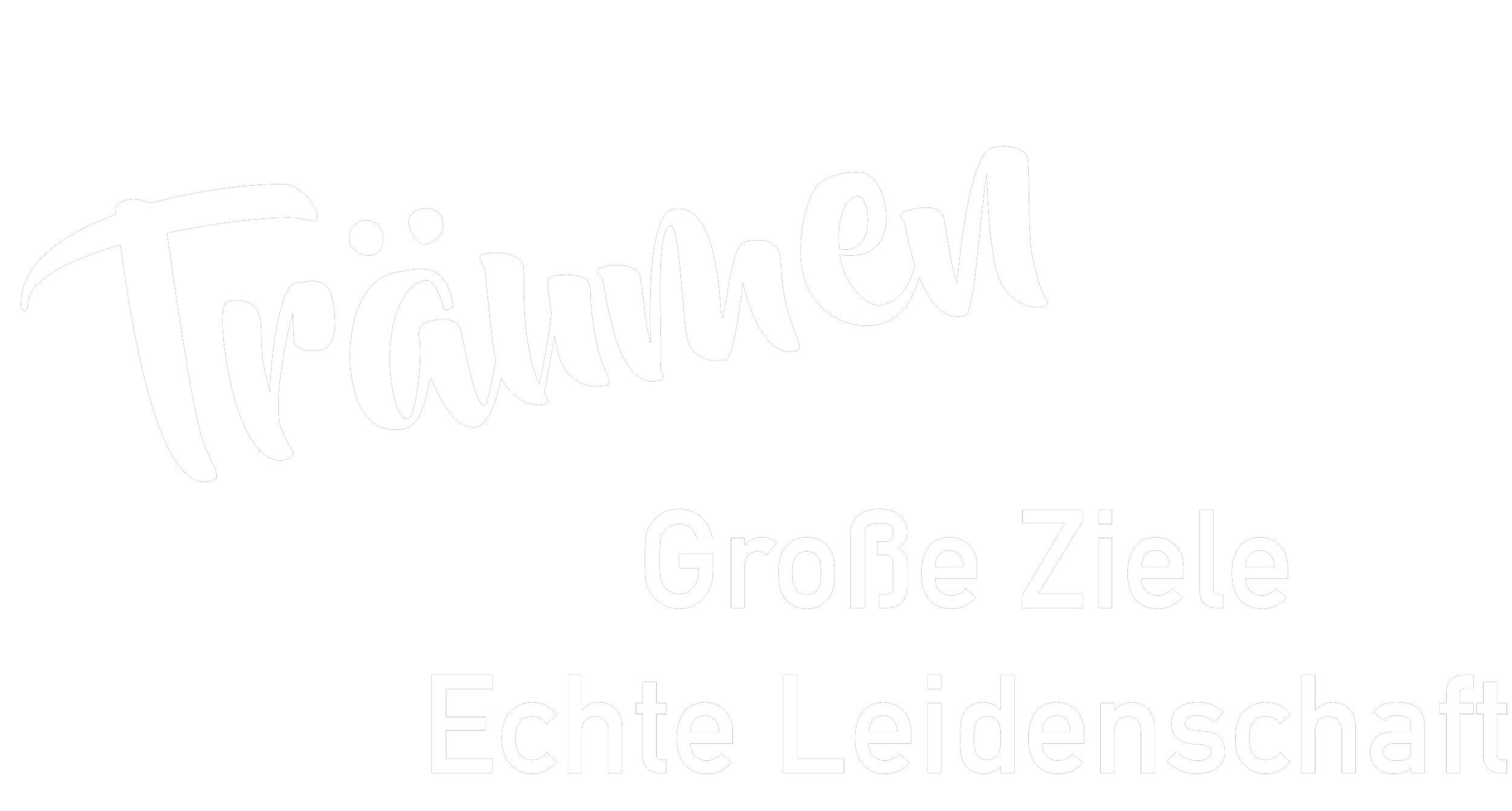 Schwarzer Hintergrund mit weißen handgeschriebenen und gedruckten deutschen Texten, die Worte 'Traumziel', 'Große Ziele', 'Echte Leidenschaft' enthalten.