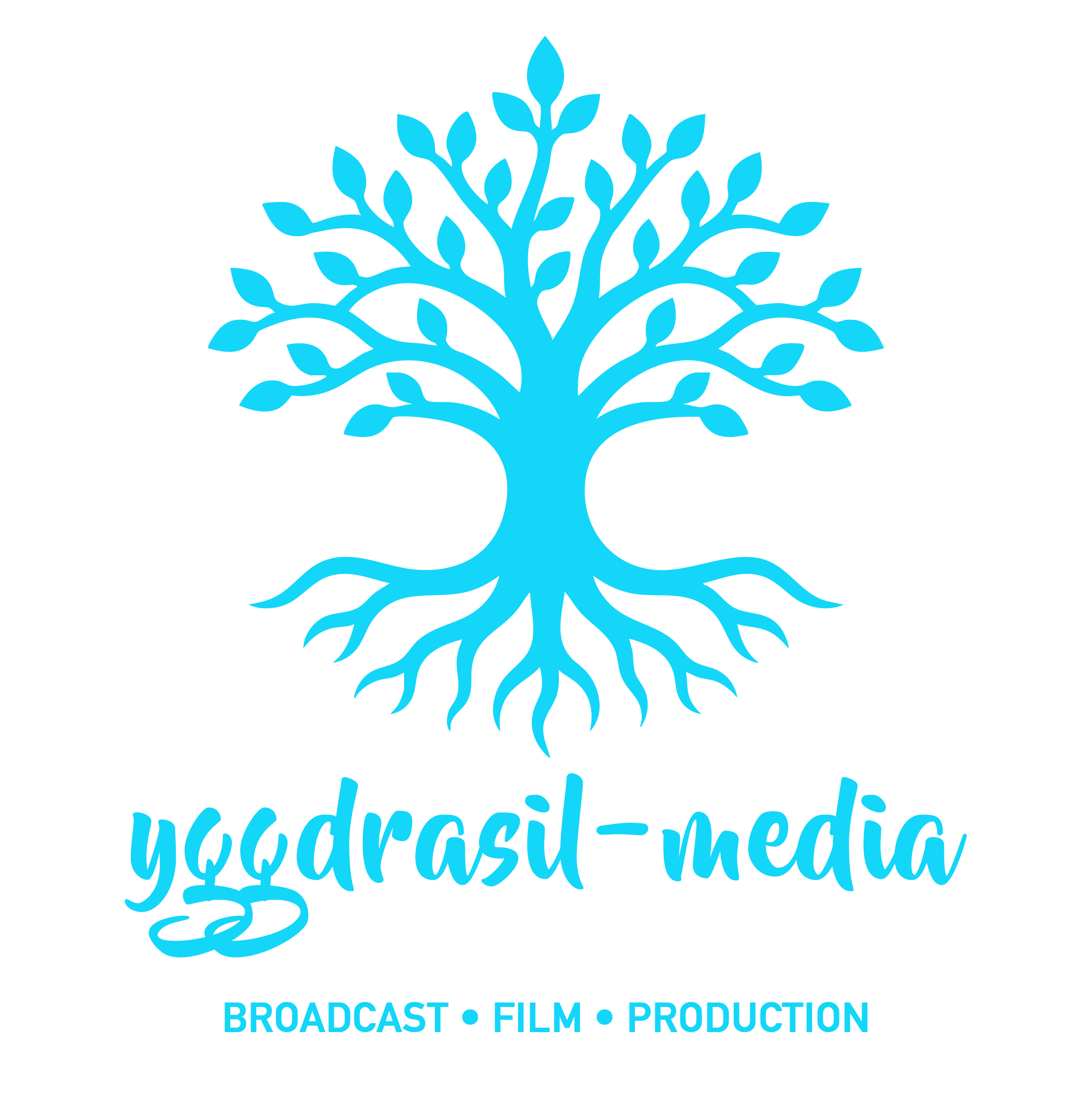 Ein blauer Baum auf schwarzem Hintergrund mit dem Text „Yeqw@stE®media“ in blauer Schrift. Darunter steht in Kleinbuchstaben: ‚BROADCAST · FILM · PRODUCTION‘.