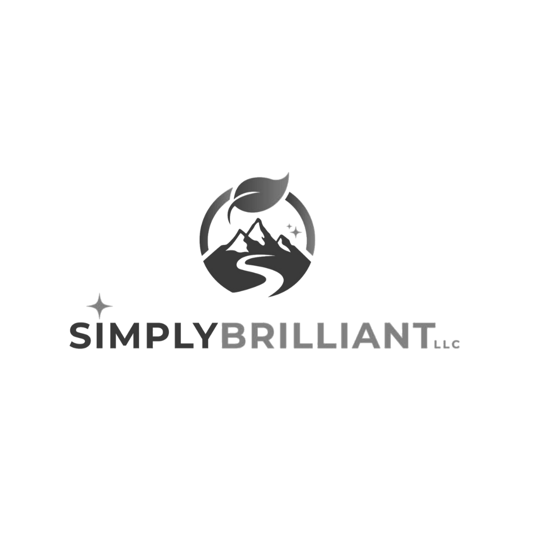 Logo for SimplyBrilliant LLC featuring mountain peaks, a winding road, a leaf, and a star, with the company name in bold letters.