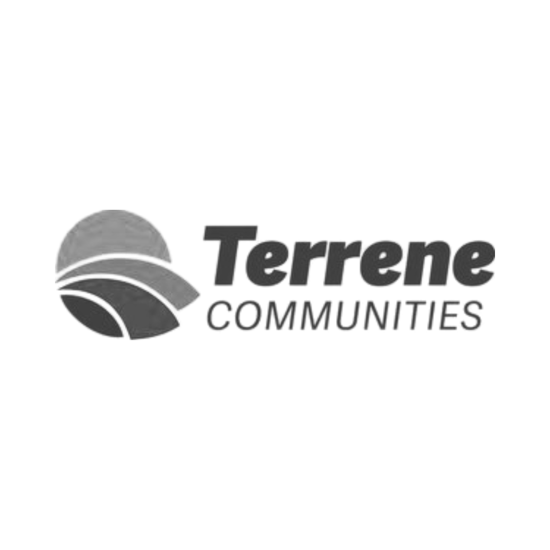 Logo of Terrene Communities featuring a stylized landscape with hills and a sun in grayscale.